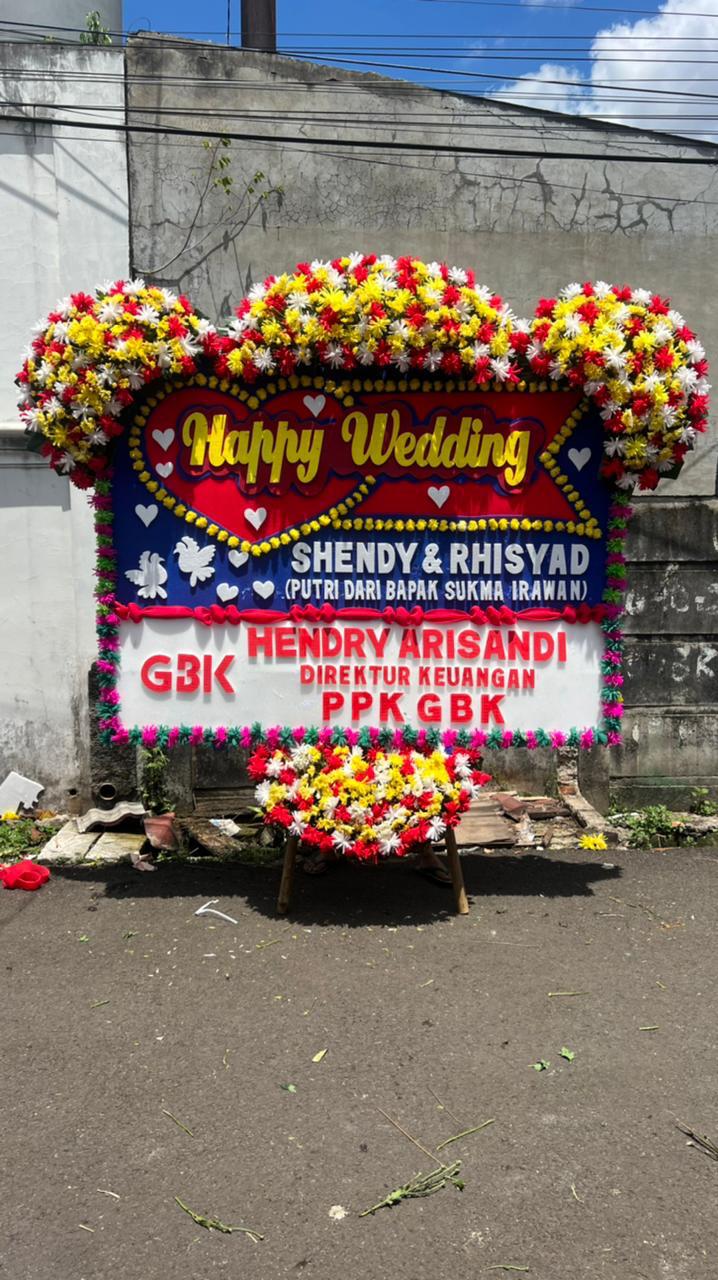 Bunga papan happy wedding Cikupa Shendy dan Rhisyad ucapan pernikahan