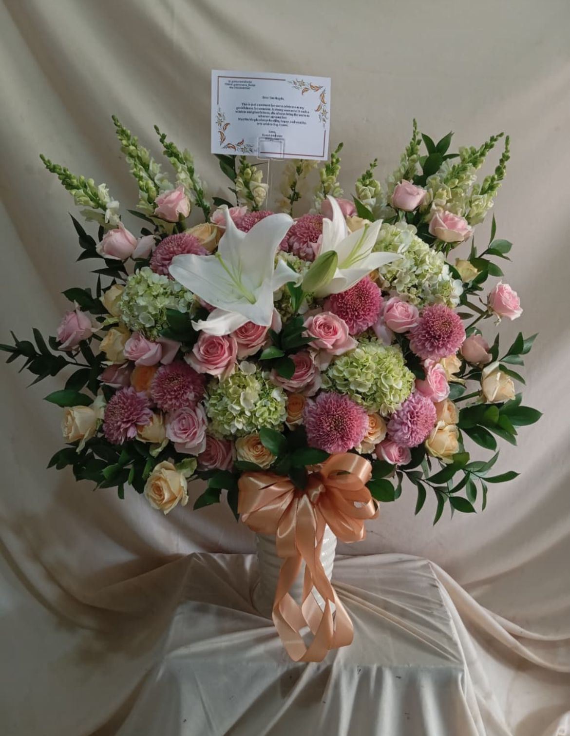 Bunga vas Cikupa mawar merah pink lily untuk happy birthday Bapak Syamsul Bahri